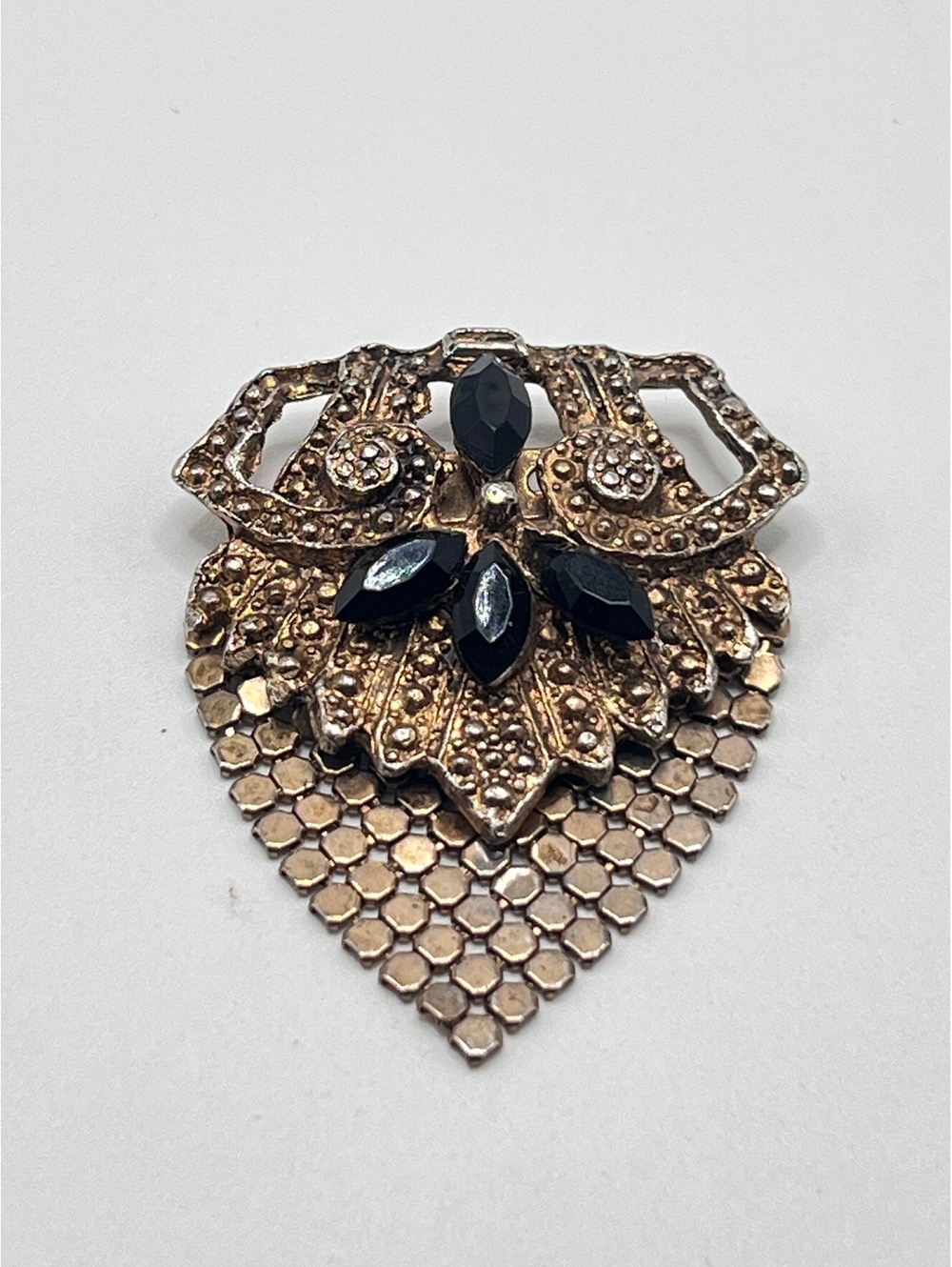 Vintage Art Deco Style Black Rhinestone Mesh Fringe Brooch Pin